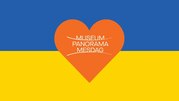 Oekraïense vlag met ene oranje hart en het logo van Museum Panorama Mesdag