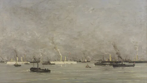 Schilderij van stoomschepen op zee, met rookpluimen uit de schoorstenen en een grijze lucht er boven