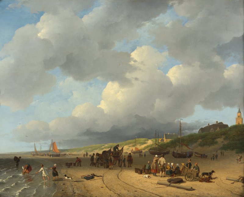 Andreas Schelfhout, Boten met vissers op het strand bij Scheveningen, ca. 1828, olieverf op paneel, 49,5 x 62 cm. Rijksdienst voor het Cultureel Erfgoed