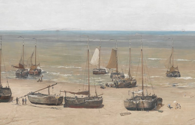 Bomschuiten op het strand, detail uit het Panorama van Scheveningen