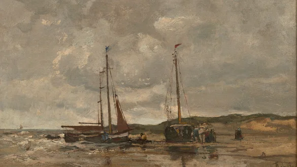 Théophile de Bock (1851-1904), Vissersboten op het strand, olieverf op doek, 21,3 x 38,5 cm, bruikleen Stichting Mesdag-van Houten, schenking Mercura