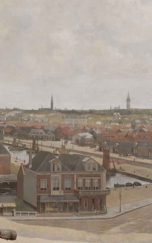 De haringkade met rechts het dorp scheveningen en de kerktorens van den haag in de verte