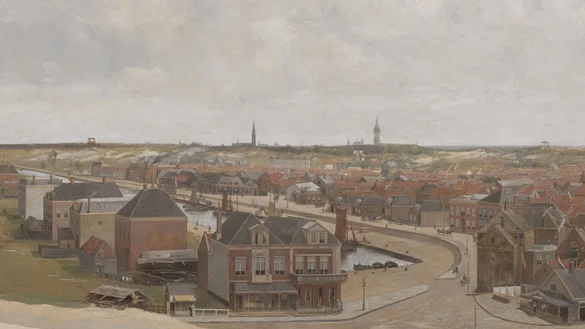 De haringkade met rechts het dorp scheveningen en de kerktorens van den haag in de verte