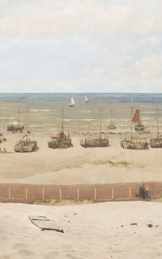 Een fragment van het panorama, het scheveningse strand met vissersboten