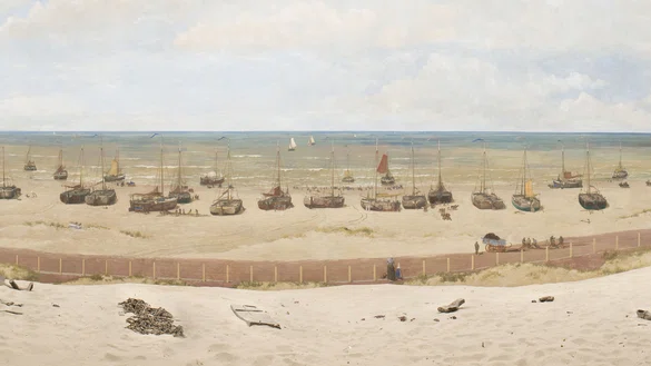 Een fragment van het panorama, het scheveningse strand met vissersboten