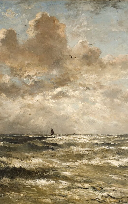 Woeste golven in okertinten met in het midden in de verse een zeilschip op zee, een hoge wolkenlucht met meeuwen er boven