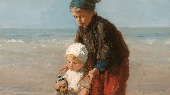 Schilderij van twee kinderen op het strand met een bootje