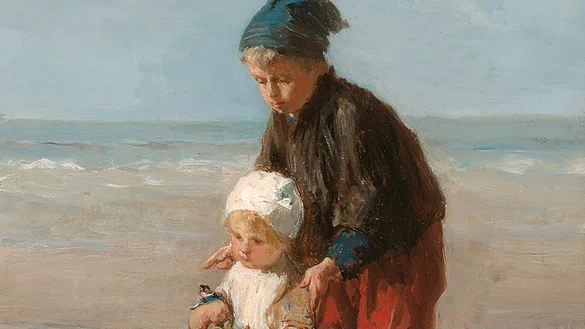 Schilderij van twee kinderen op het strand met een bootje