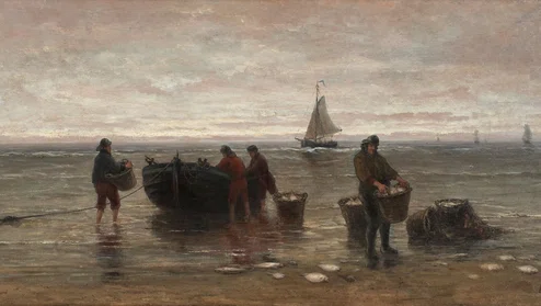 Schilderij van Scheveningse vissers die de branding manden met vis van een boot tillen.