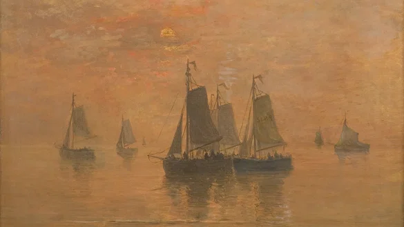 Schilderij van schepen op een kalme zee in oranje en bruintinten geschilderd