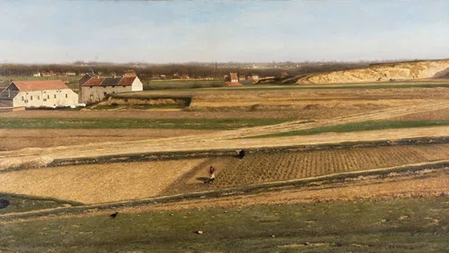 Schilderij van platteland met akkers waar twee figuren op werken en huizen in de verte