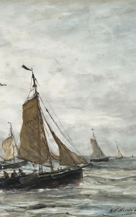 Tekening van Scheveningse bomschuiten op zee, meeuwen in de lucht en figuren aan boord