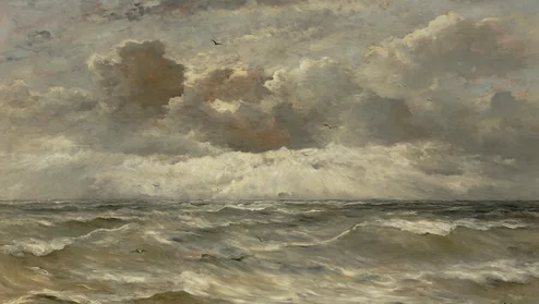 schilderij van de Noordzee, grote wolkenluchten boven ruige golven