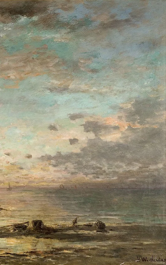 Schilderij van ondergaande zon boven zee met garnalenvissers aan het werk in de branding