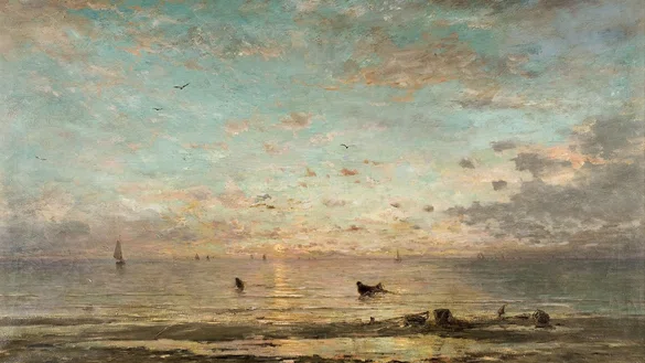 Schilderij van ondergaande zon boven zee met garnalenvissers aan het werk in de branding