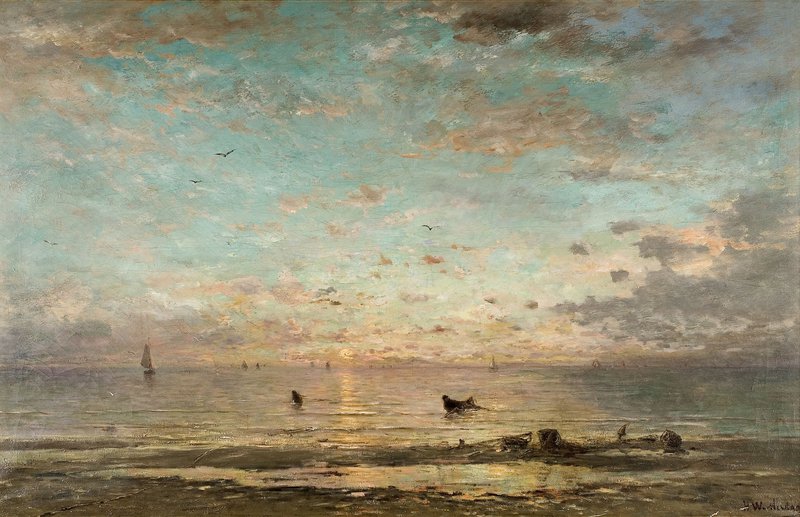 Hendrik Willem Mesdag, Zonsondergang met garnalenvissers, olieverf op doek, 116 x 180 cm