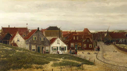 Schilderij van huizen en straten in het dorp Scheveningen met bewoners op straat