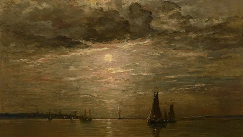 Schilderij van een heldere maan boven een kalme zee, in bruin en geeltinten