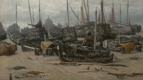 Schilderij van verwoeste vloot bomschuiten op het strand na een storm