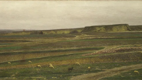 Schilderij van groene en gele akkers met schapen op de voorgrond en heuvels in de verte