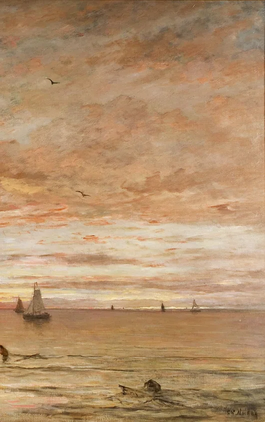 Schilderij van een de zee en wolkenlucht in oranje tinten, in de branding werken garnalenvissers