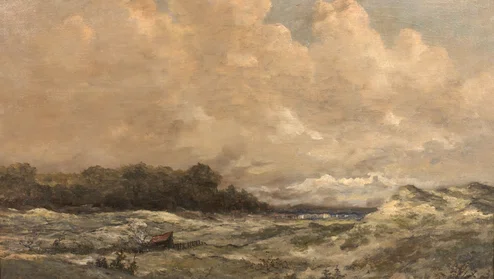 Schilderij van een duinlandschap met bomen in de verte en een pastelkleurige wolkenlucht