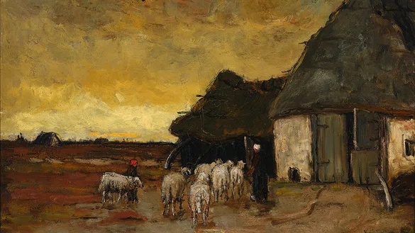 Schilderij van twee herders die een kudde schapen naar binnen begeleiden bij ondergaande zon