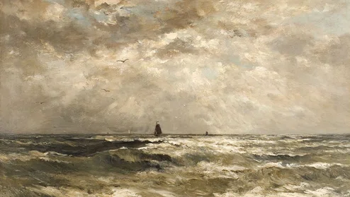 Schilderij van een woeste zee met grote wolkenlucht, in de verte in het midden vaart een schip