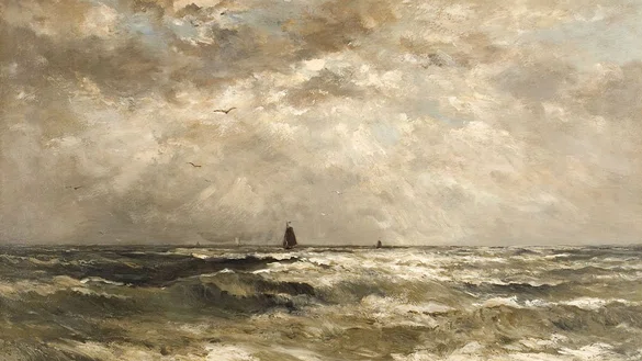Schilderij van een woeste zee met grote wolkenlucht, in de verte in het midden vaart een schip