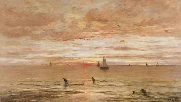 Schilderij van de zee met vissersschepen aan de horizon, vooraan in het water zijn garnalenvissers aan het werk