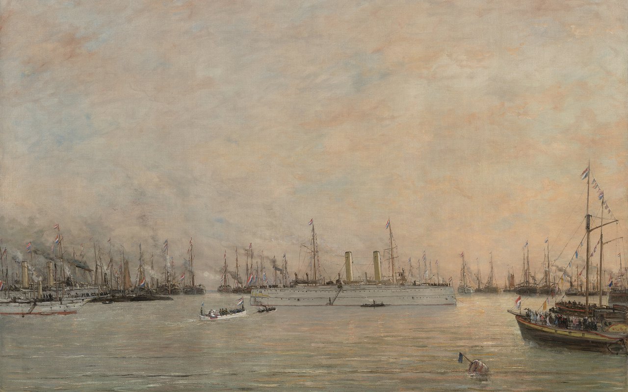 Een drukke verzameling stoomschepen en zeilschepen aan de horizon tijdens de vlootschouw voor de koningin.