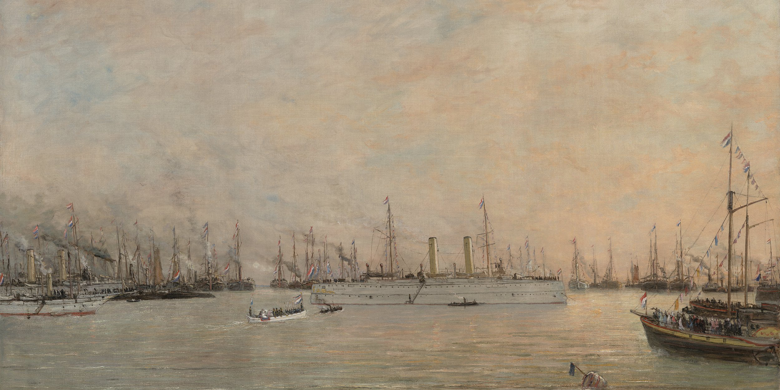 Een drukke verzameling stoomschepen en zeilschepen aan de horizon tijdens de vlootschouw voor de koningin.