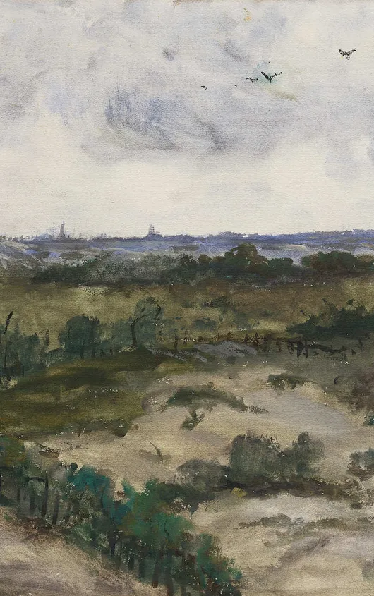 Gouache van Sientje Mesdag van Houten van een landschap achter een duinrand