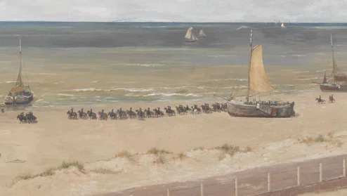 Stoet ruiters van de cavalerie op het strand van Scheveningen