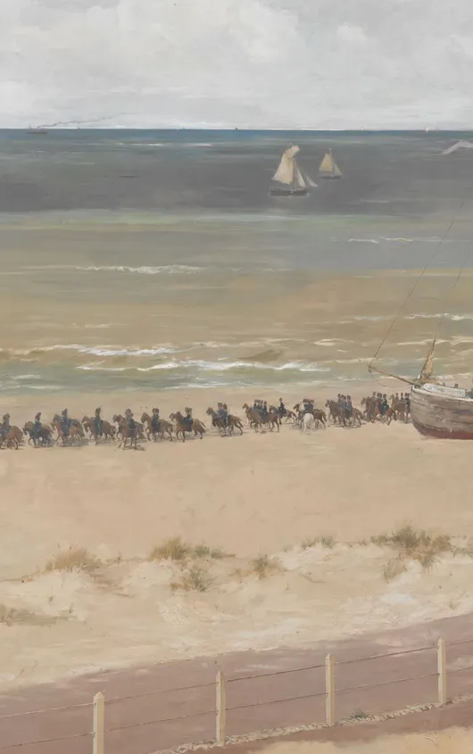 Stoet ruiters van de cavalerie op het strand van Scheveningen