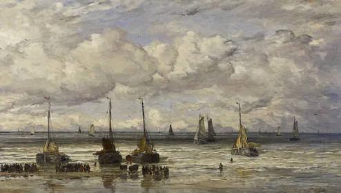 Schilderij van heldere dag met grote wolkenlucht boven de zee, in de branding staan veel figuren bij drie bomschuiten