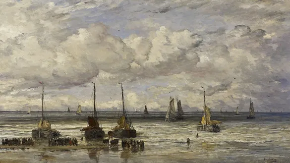 Schilderij van heldere dag met grote wolkenlucht boven de zee, in de branding staan veel figuren bij drie bomschuiten