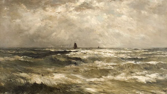 Woest zeegezicht in beige en bruintinten met op de horizon zeilschepen in de verte